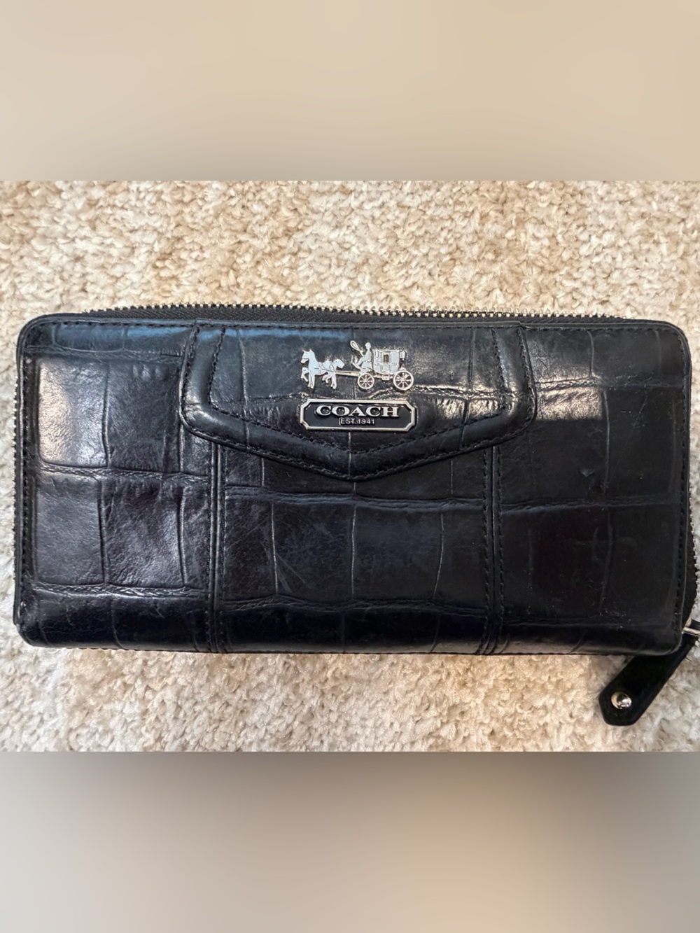 Coach Black Croc-Embossed Zip Wallet with Logo Plaque
